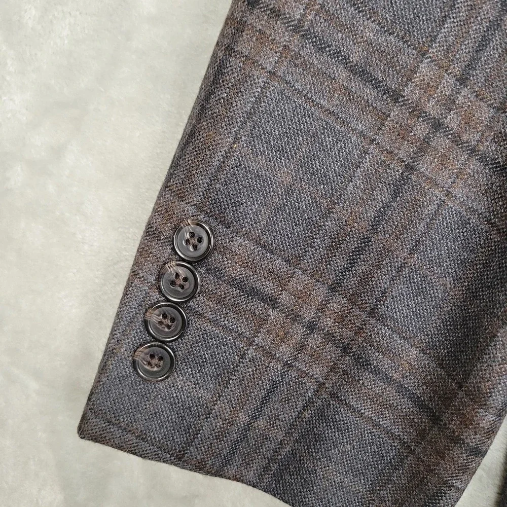 Lauren Ralph Lauren Men's 46R Blue Brown Plaid 100% Wool Natural Stretch Blazer